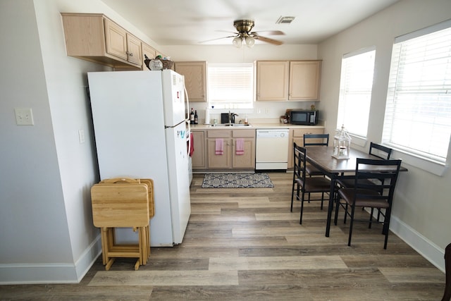 kitchen featuring dark wood-type flooring, sink, ceiling fan, light brown cabinetry, and white appliances