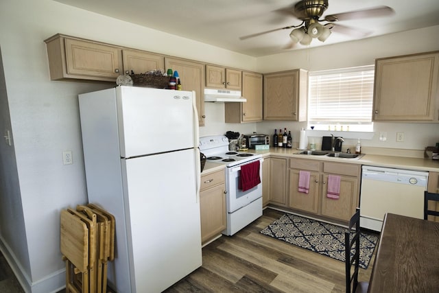 334 Sand Dune Ct, Surfside Beach, TX 77541 - kitchen with white appliances, a sink, under cabinet range hood, a ceiling fan, and dark wood-style floors