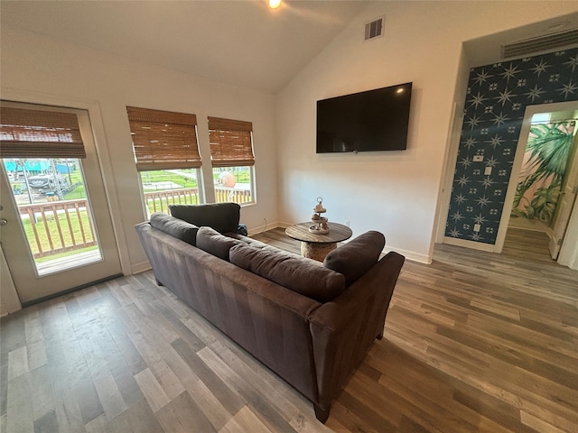 living room with wood-type flooring and lofted ceiling