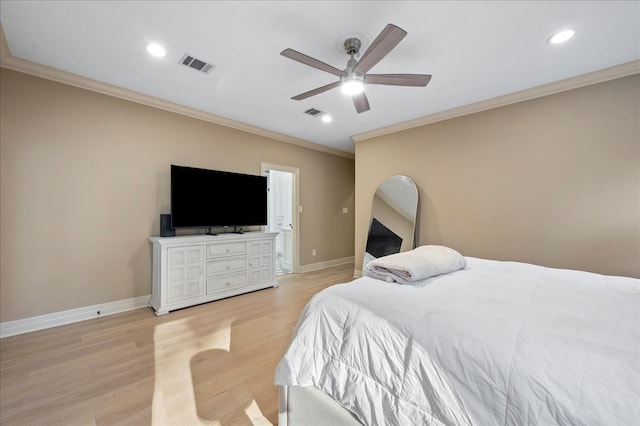 bedroom with light hardwood / wood-style floors, ceiling fan, and ornamental molding