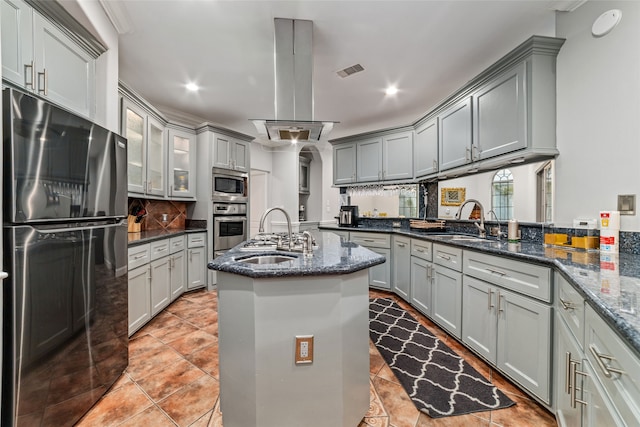 kitchen featuring gray cabinets, appliances with stainless steel finishes, and sink