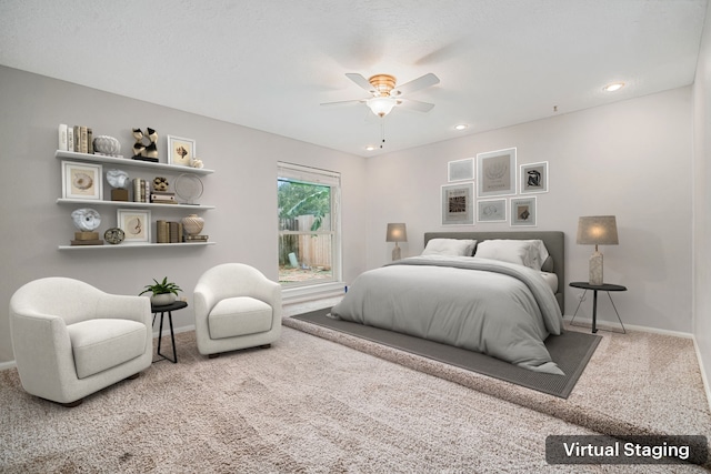 bedroom with carpet, baseboards, ceiling fan, and recessed lighting