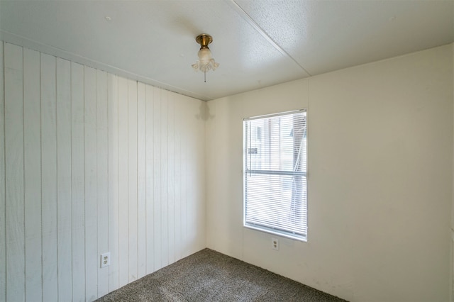 empty room featuring carpet flooring and wooden walls