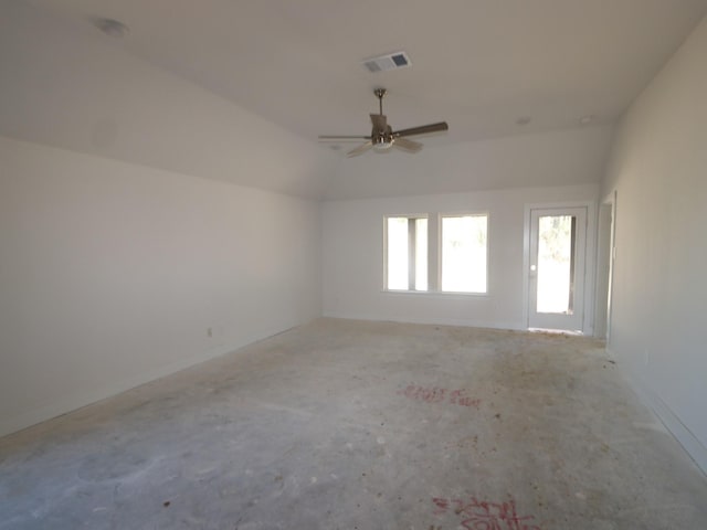 spare room with lofted ceiling and ceiling fan