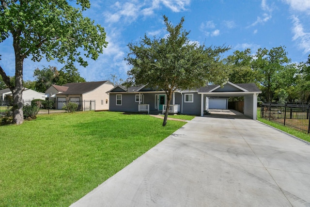 ranch-style house with a garage, a carport, and a front lawn