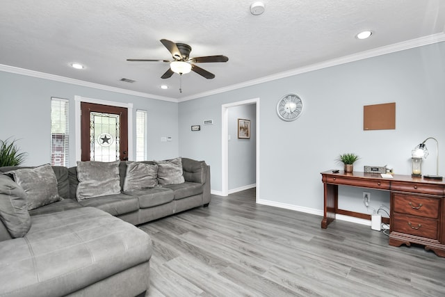 living room featuring ceiling fan, ornamental molding, and light hardwood / wood-style flooring