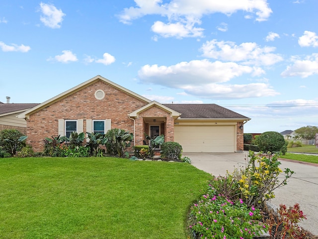 single story home featuring a front lawn and a garage