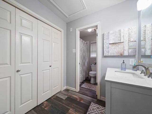 bathroom featuring vanity, hardwood / wood-style flooring, and toilet