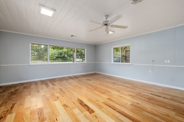 spare room with crown molding, wooden ceiling, ceiling fan, and light wood-type flooring