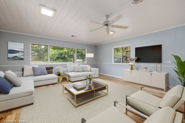 living room with ornamental molding, ceiling fan, wooden ceiling, and light wood-type flooring