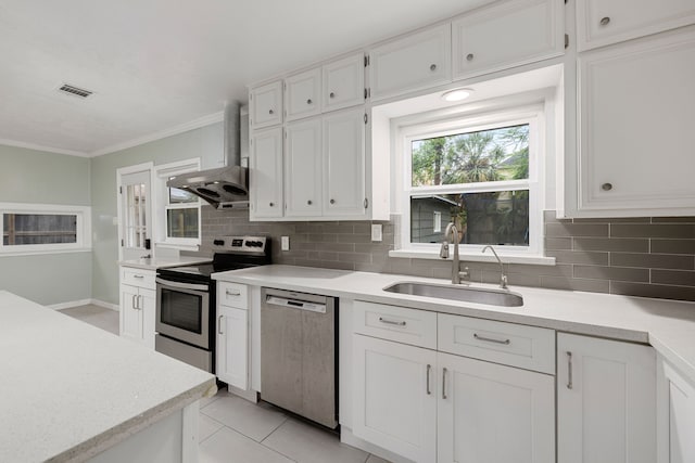 kitchen with white cabinetry, stainless steel appliances, sink, and decorative backsplash