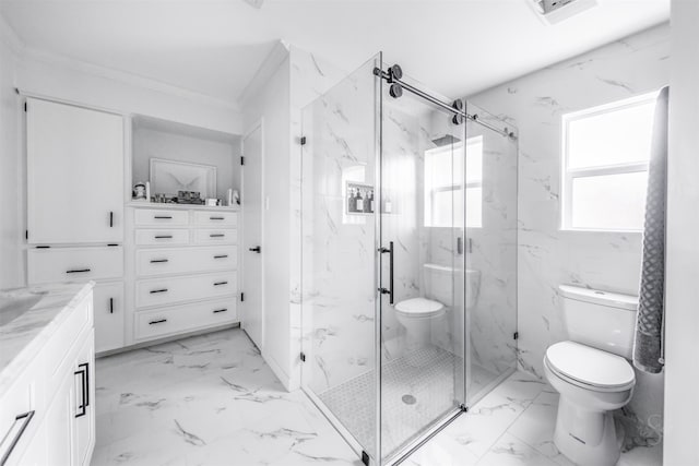 bathroom with vanity, toilet, walk in shower, and crown molding