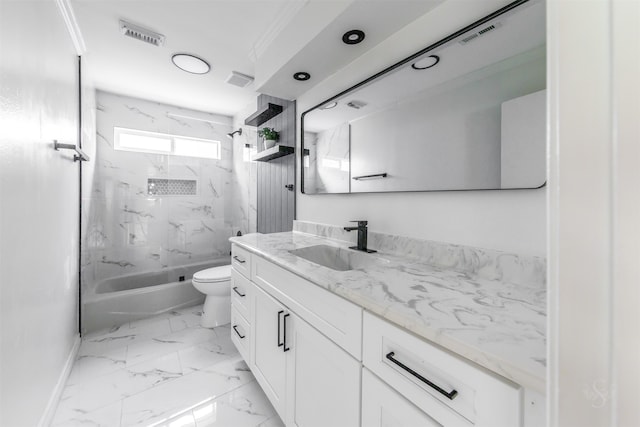 full bathroom with vanity, ornamental molding, tiled shower / bath combo, and toilet