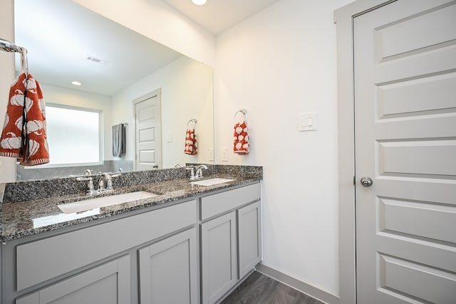 bathroom with hardwood / wood-style flooring and vanity