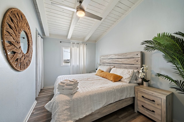 bedroom with wooden ceiling, ceiling fan, vaulted ceiling with beams, and dark hardwood / wood-style flooring