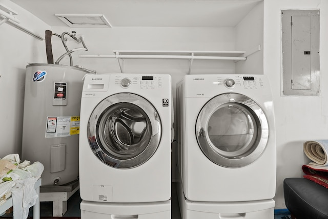 washroom with electric panel, washer and dryer, and electric water heater