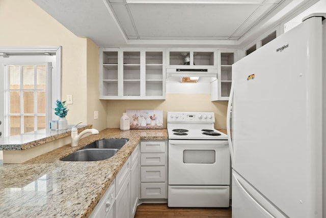 kitchen featuring sink, light stone counters, white appliances, ventilation hood, and dark hardwood / wood-style flooring