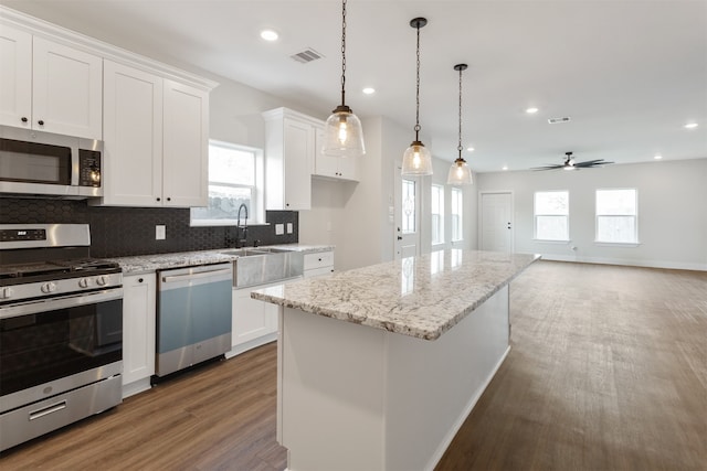 kitchen featuring a wealth of natural light, white cabinetry, appliances with stainless steel finishes, and dark hardwood / wood-style flooring