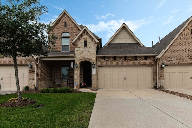 view of front of house with a front lawn, a garage, and a porch