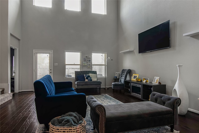 living room with a high ceiling and dark hardwood / wood-style floors