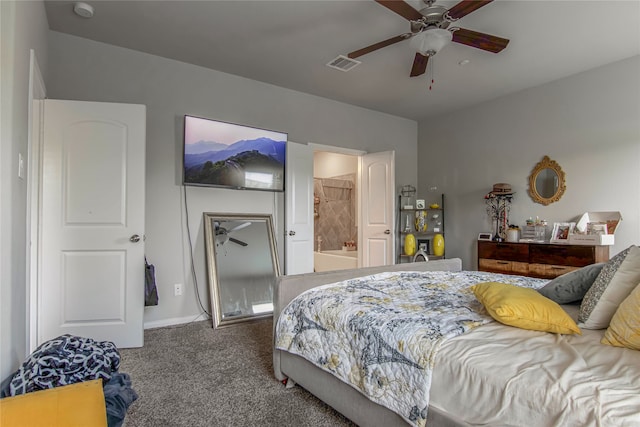 bedroom with connected bathroom, carpet flooring, and ceiling fan