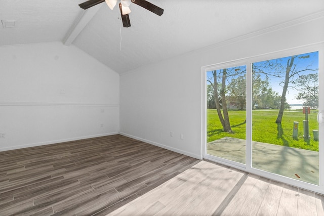 bonus room with wood-type flooring, vaulted ceiling with beams, and ceiling fan