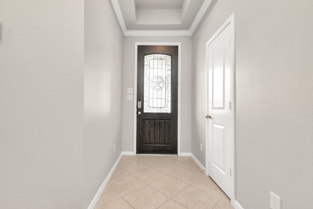 doorway to outside featuring light tile patterned floors and crown molding