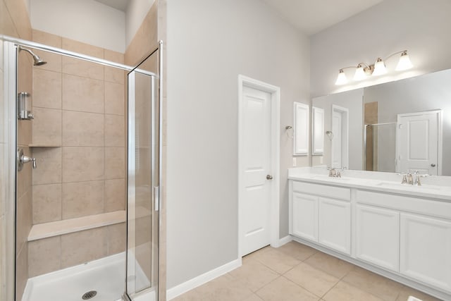 bathroom with walk in shower, vanity, and tile patterned floors