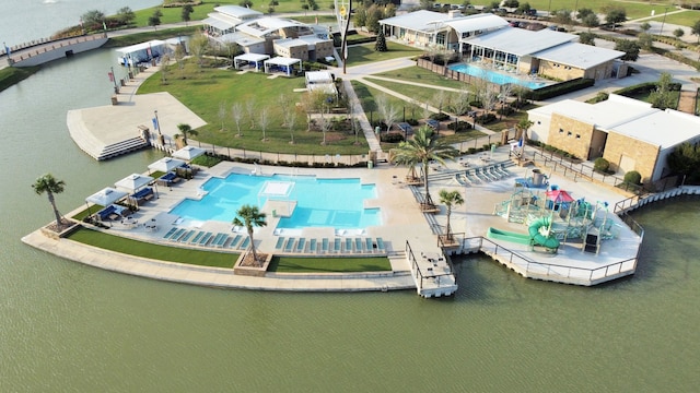 drone / aerial view with a water view