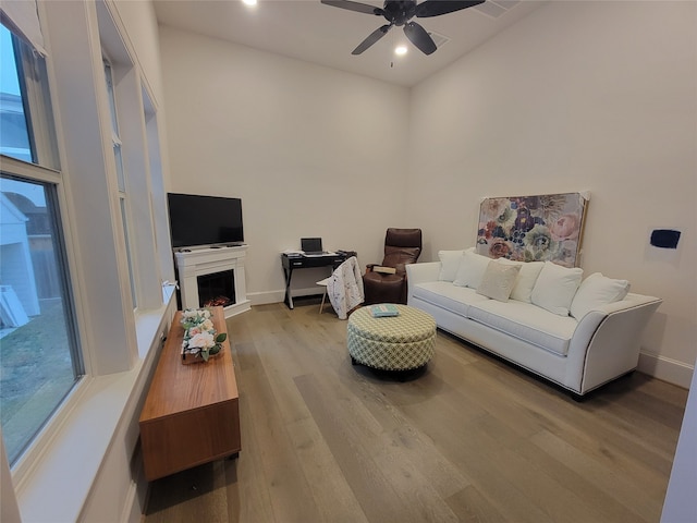 living room featuring ceiling fan and light hardwood / wood-style flooring