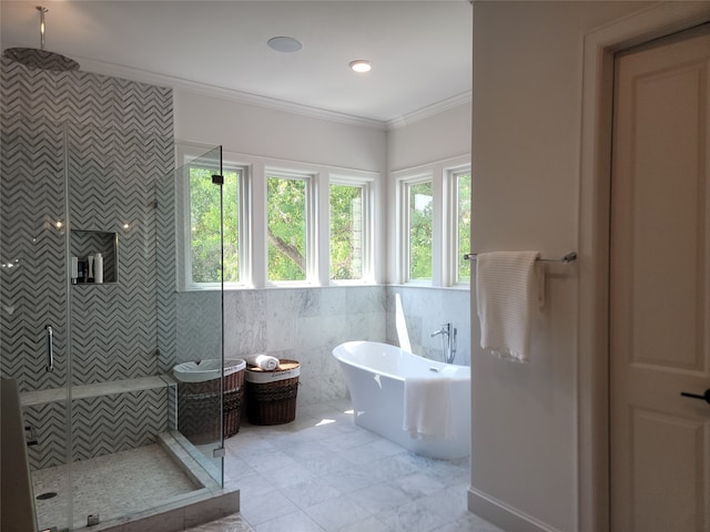 bathroom with plus walk in shower, tile walls, and ornamental molding