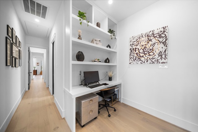 home office featuring built in shelves and light hardwood / wood-style flooring