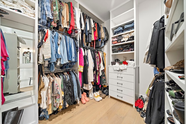 walk in closet featuring light hardwood / wood-style flooring