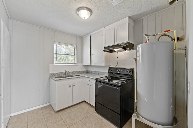 kitchen featuring black electric range, light tile patterned flooring, white cabinetry, backsplash, and water heater