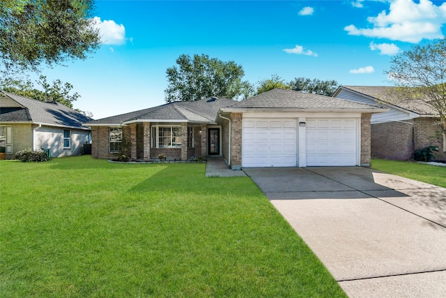 ranch-style home featuring a front lawn and a garage