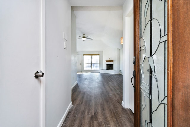 hallway with dark hardwood / wood-style flooring and lofted ceiling