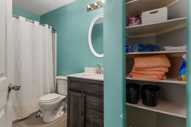 bathroom featuring walk in shower, tile patterned flooring, vanity, and toilet