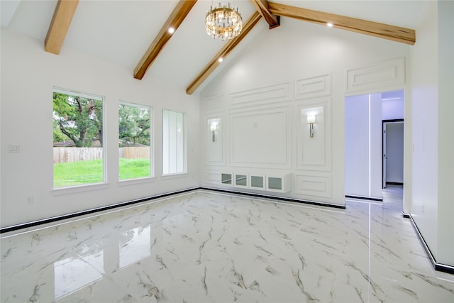 unfurnished room with high vaulted ceiling, beamed ceiling, and a notable chandelier