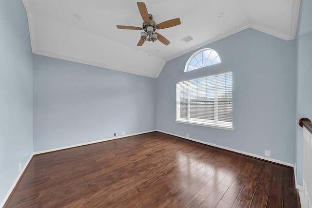 unfurnished room with hardwood / wood-style flooring, ceiling fan, ornamental molding, and vaulted ceiling