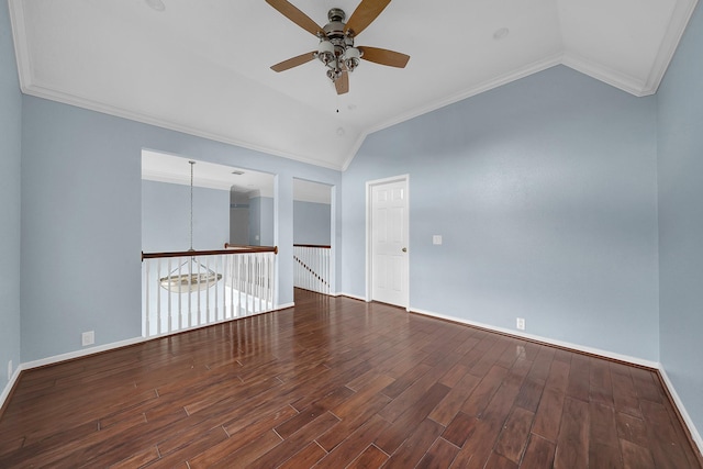 unfurnished room featuring hardwood / wood-style floors, ceiling fan, ornamental molding, and vaulted ceiling