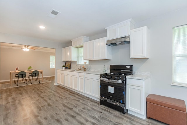 kitchen with black gas range, light hardwood / wood-style floors, white cabinetry, and sink