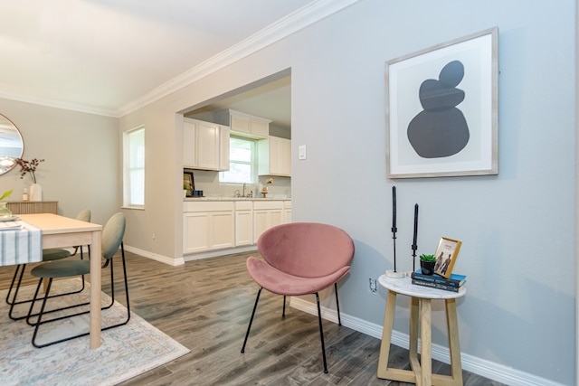 dining space featuring sink, crown molding, and dark wood-type flooring