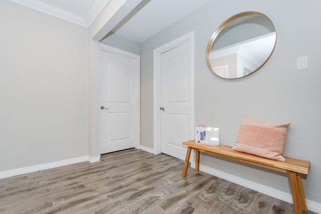 entrance foyer with light hardwood / wood-style floors and ornamental molding