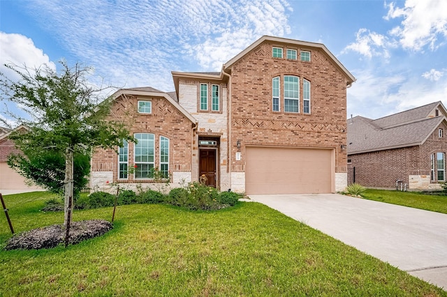 front facade with a garage and a front lawn