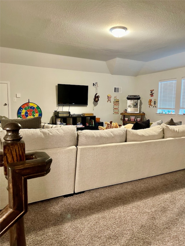 living room featuring a textured ceiling and carpet floors