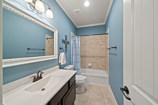 full bathroom featuring vanity, toilet, shower / tub combo, and ornamental molding