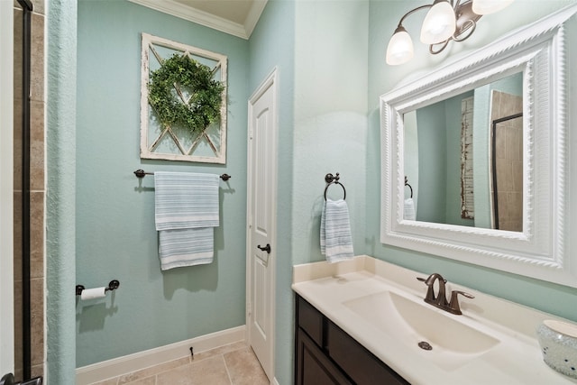 full bathroom featuring baseboards, ornamental molding, tile patterned flooring, vanity, and a closet