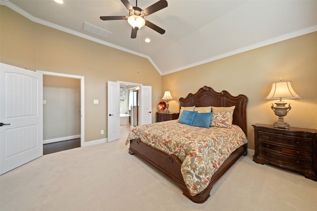 carpeted bedroom featuring ensuite bathroom, ceiling fan, lofted ceiling, and crown molding