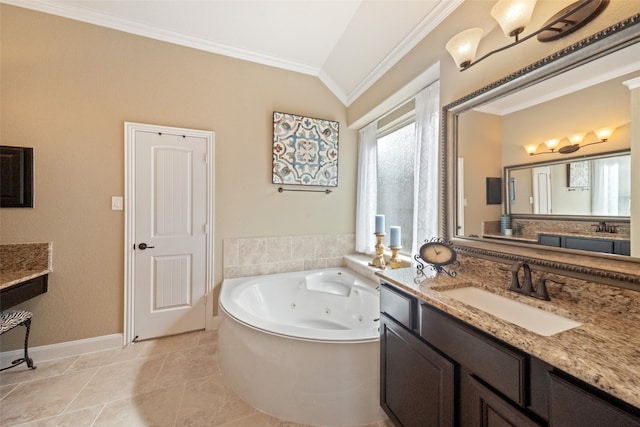 bathroom featuring lofted ceiling, tile patterned floors, ornamental molding, a bathing tub, and vanity