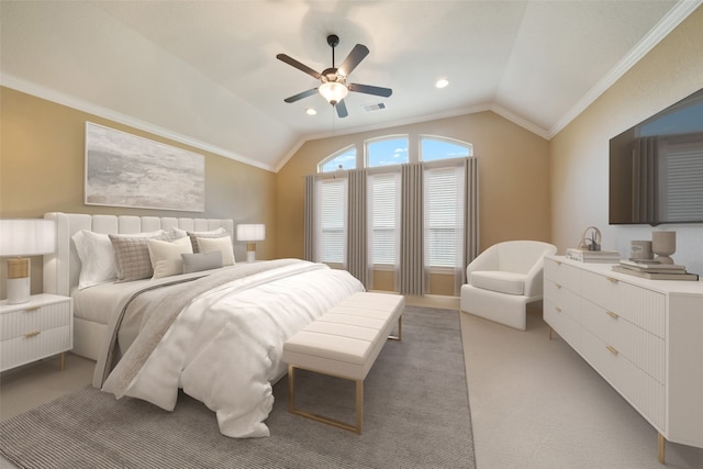 bedroom with light carpet, a ceiling fan, visible vents, vaulted ceiling, and crown molding